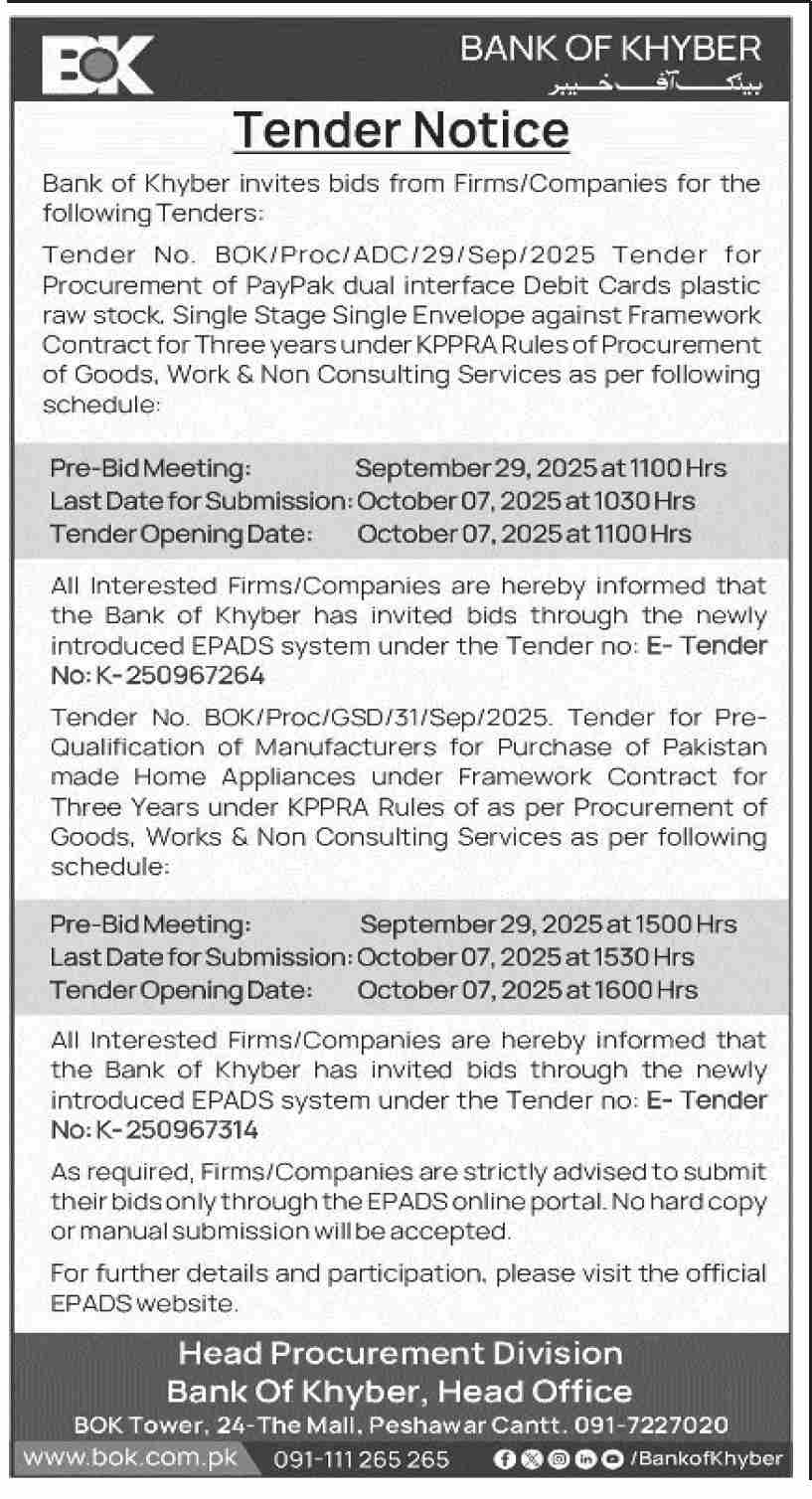 Bank of Khyber Tender Notice